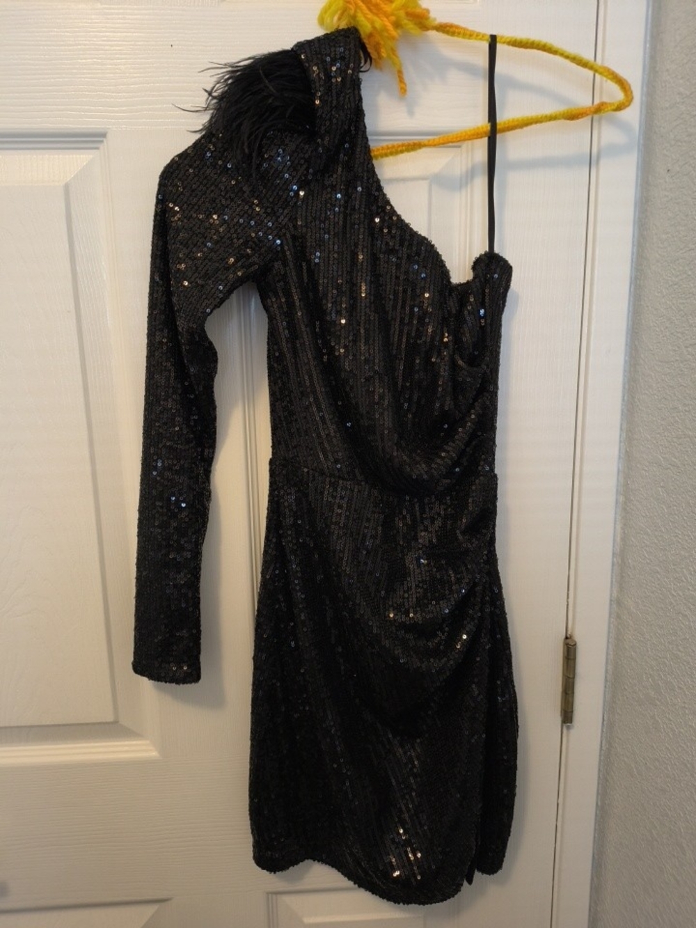 Windsor Black One-Shoulder Sequin Dress with Feather Detail